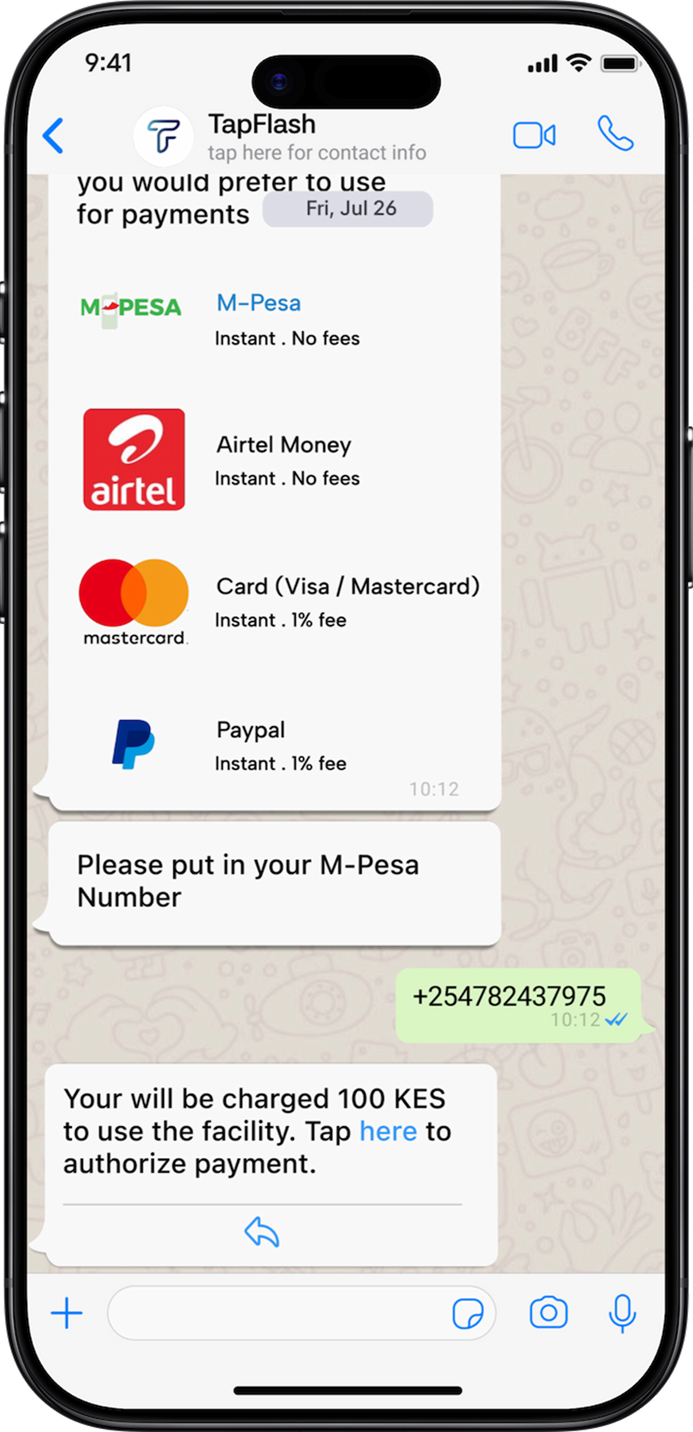 TapFlash WhatsApp payment experience displayed on an iPhone